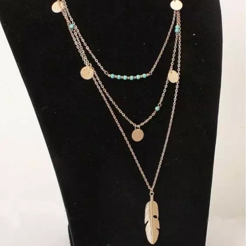 New! 3-Layer Feather Coin Necklace - Picture 4 of 9